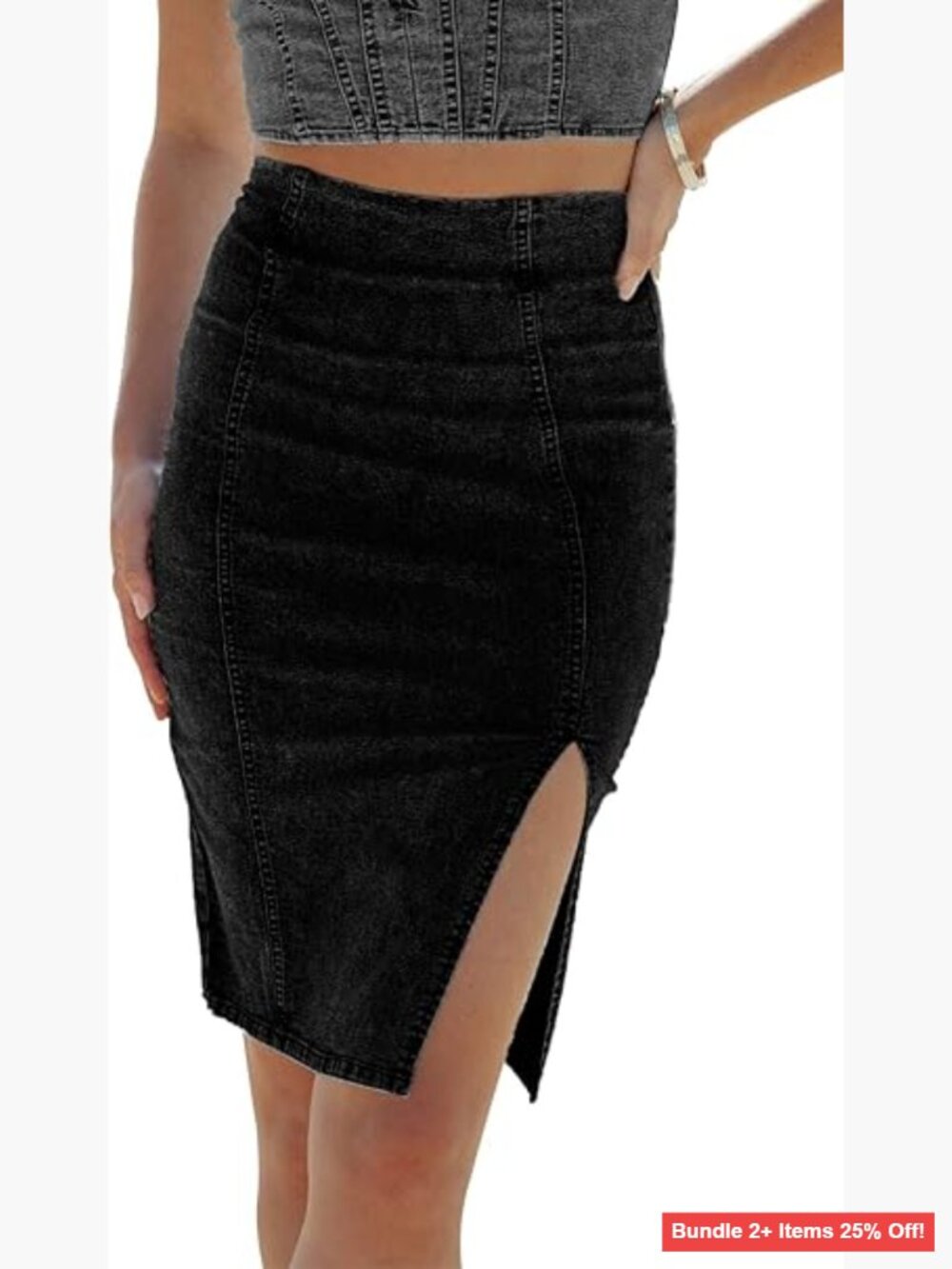 High Waisted Denim Pencil Skirt Stretch Knee Length Side Split Hem